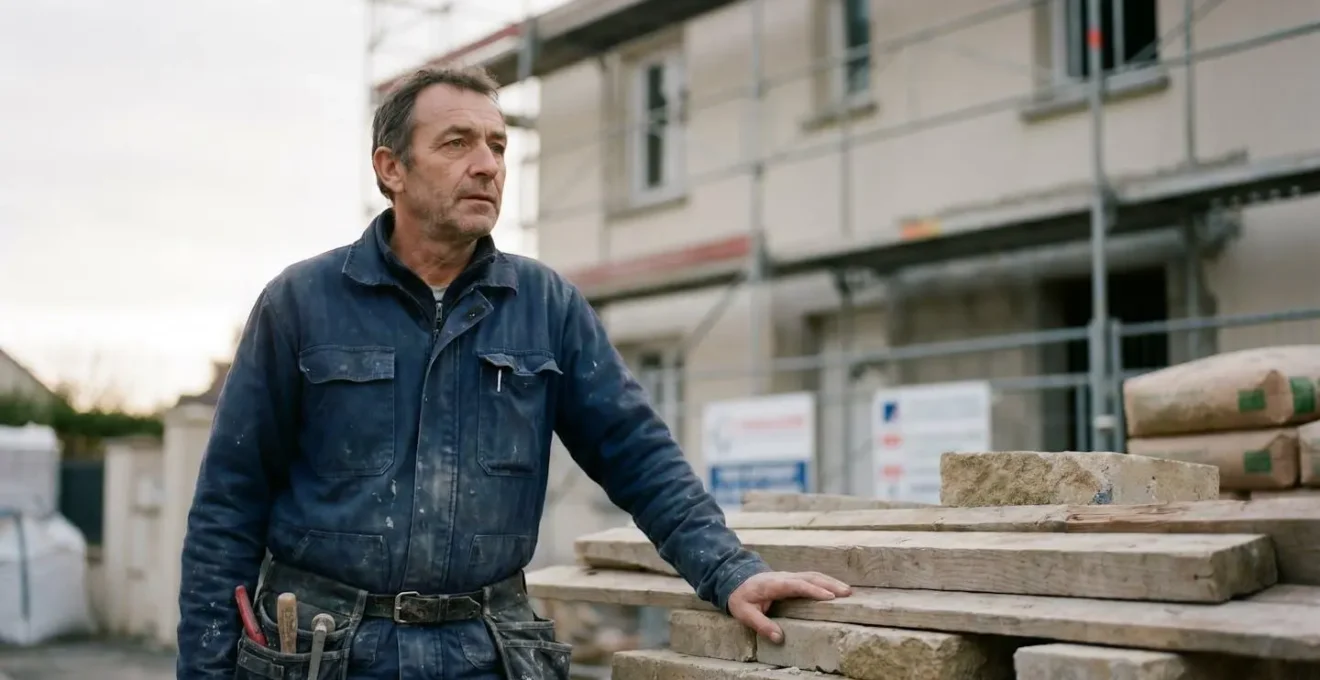 Artisan du bâtiment français en réflexion devant une esquisse de chantier, symbolisant la validation d'un projet avant investissement