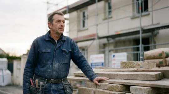 Artisan du bâtiment français en réflexion devant une esquisse de chantier, symbolisant la validation d'un projet avant investissement