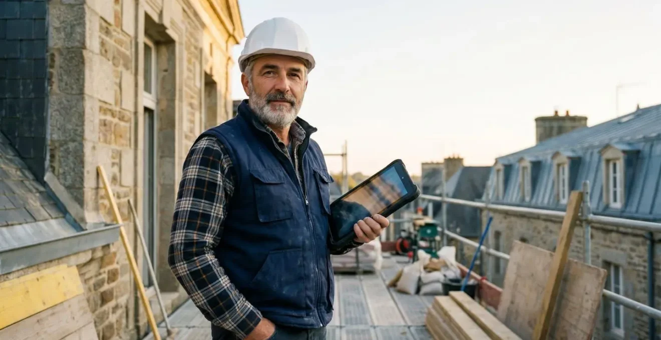 Artisan du bâtiment français consultant une tablette sur un chantier en rénovation, symbolisant la simplification des démarches administratives