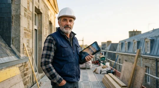 Artisan du bâtiment français consultant une tablette sur un chantier en rénovation, symbolisant la simplification des démarches administratives