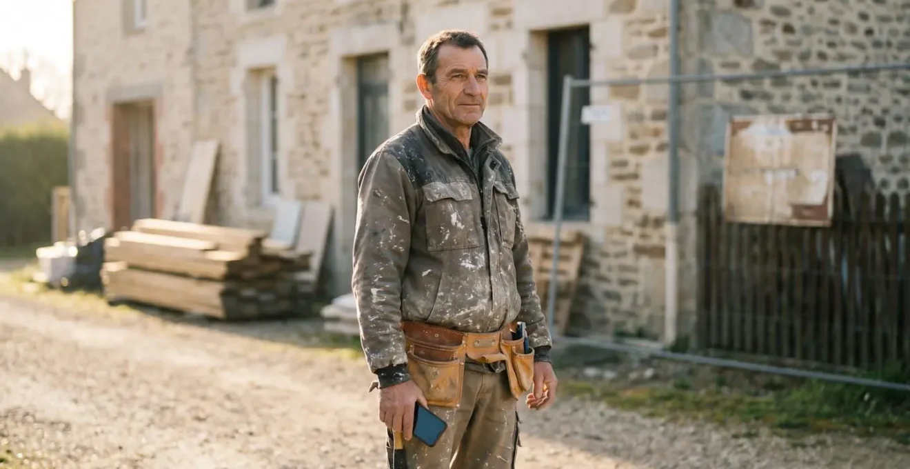 Artisan du bâtiment français consultant son téléphone sur un chantier au petit matin, symbolisant la rapidité de l'immatriculation en micro-entreprise