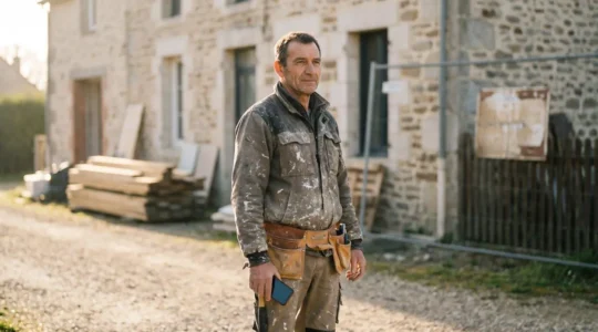 Artisan du bâtiment français consultant son téléphone sur un chantier au petit matin, symbolisant la rapidité de l'immatriculation en micro-entreprise