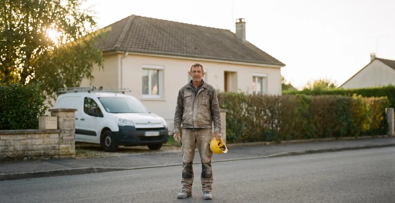 Artisan du BTP français se tenant devant sa maison, symbole de la séparation entre son patrimoine professionnel et personnel