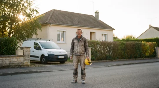 Artisan du BTP français se tenant devant sa maison, symbole de la séparation entre son patrimoine professionnel et personnel
