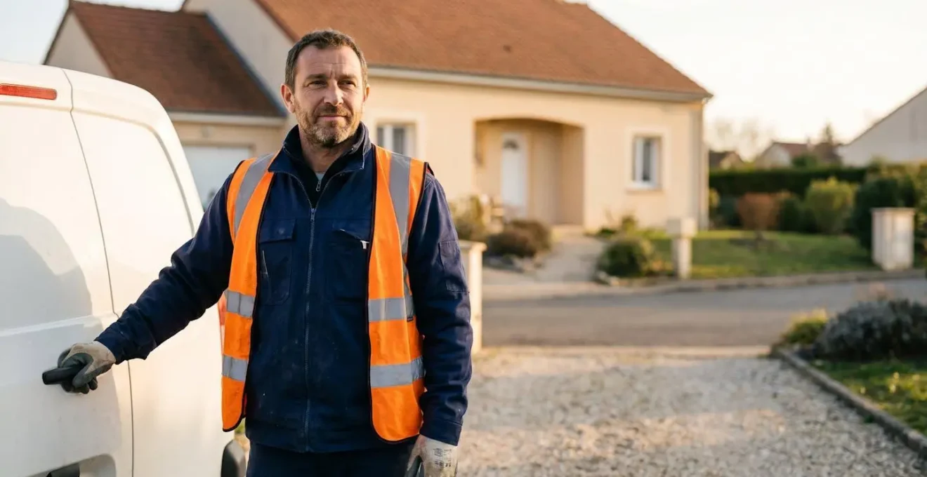 Artisan du BTP français devant sa maison familiale, symbole de la protection de la résidence principale par le statut d'entrepreneur individuel