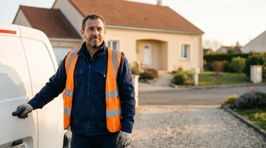 Artisan du BTP français devant sa maison familiale, symbole de la protection de la résidence principale par le statut d'entrepreneur individuel