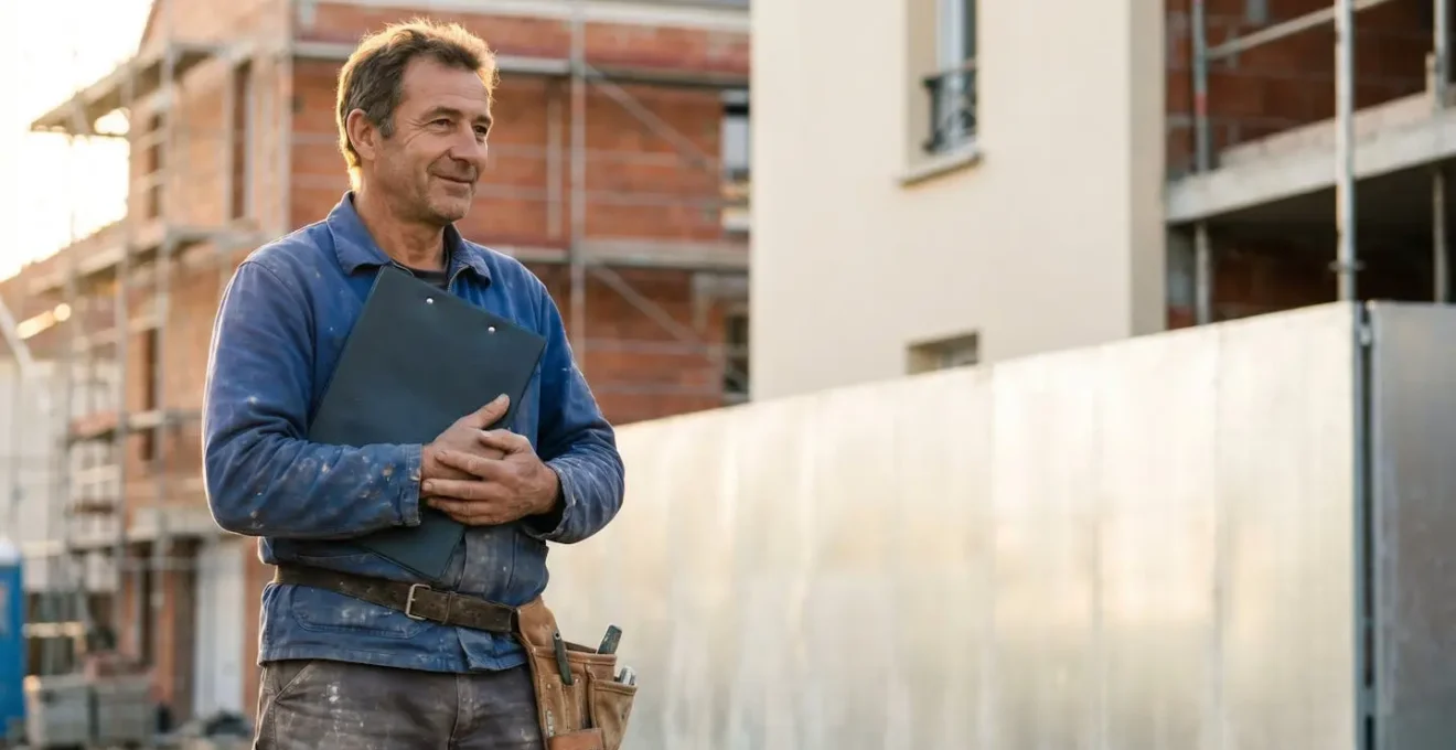Artisan du bâtiment sur un chantier français consultant un document administratif tenant lieu de justificatif d'immatriculation