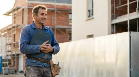 Artisan du bâtiment sur un chantier français consultant un document administratif tenant lieu de justificatif d'immatriculation