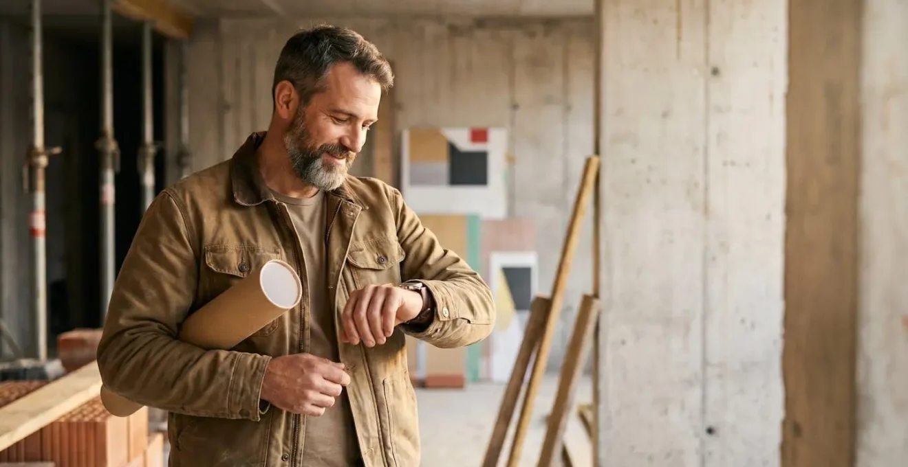 Artisan du BTP en France sur un chantier, soulagé après avoir finalisé ses démarches administratives de création d'entreprise
