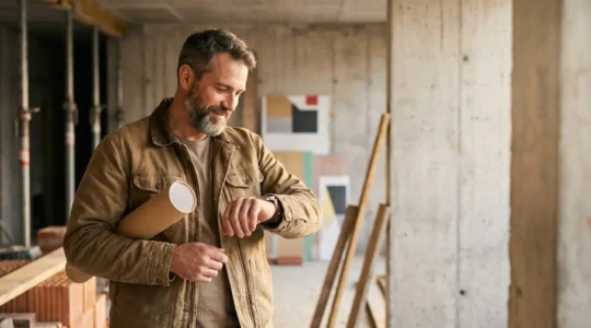 Artisan du BTP en France sur un chantier, soulagé après avoir finalisé ses démarches administratives de création d'entreprise