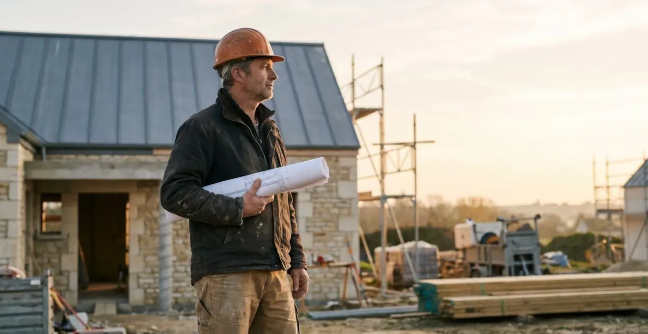 Artisan entrepreneur du BTP consultant des plans de construction sur un chantier en France