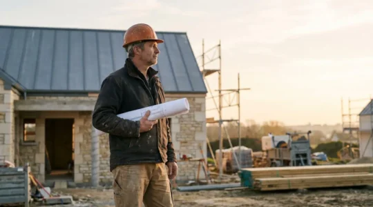 Artisan entrepreneur du BTP consultant des plans de construction sur un chantier en France