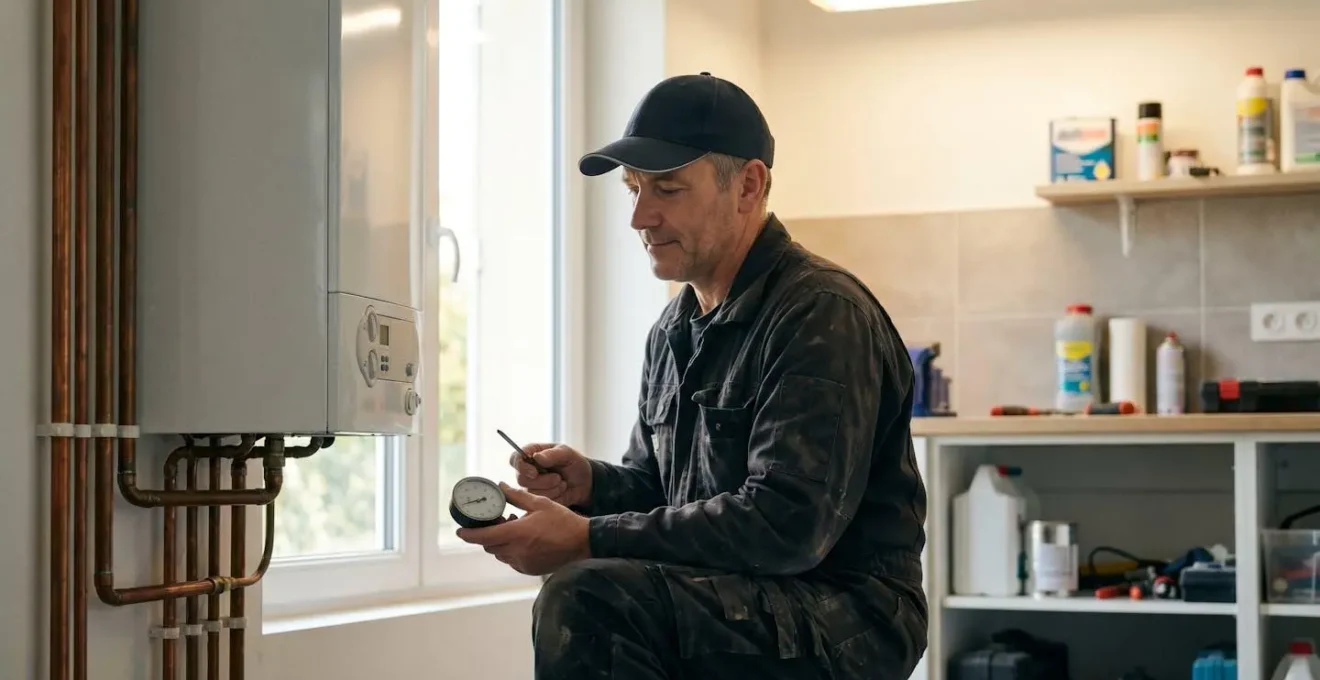 Un plombier professionnel effectue un diagnostic minutieux d'une installation de chauffage dans une maison française, symbolisant l'expertise et la confiance