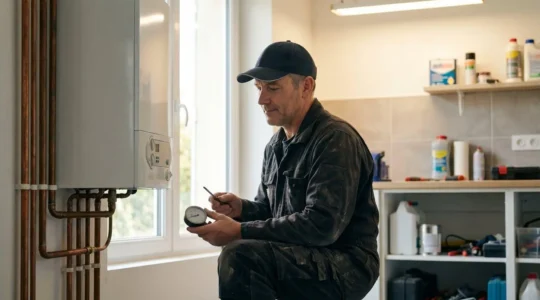 Un plombier professionnel effectue un diagnostic minutieux d'une installation de chauffage dans une maison française, symbolisant l'expertise et la confiance