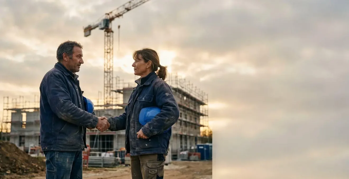 Deux associes du BTP en discussion devant un chantier, symbolisant la protection du patrimoine personnel grace a la creation d'une SARL