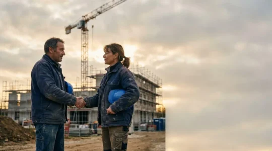 Deux associes du BTP en discussion devant un chantier, symbolisant la protection du patrimoine personnel grace a la creation d'une SARL