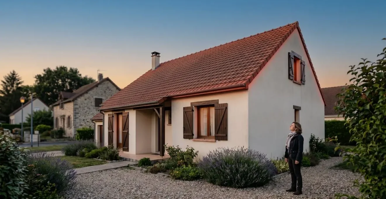 Photographie illustrant l'audit énergétique d'une maison française, mettant en valeur les zones de déperdition de chaleur au crépuscule