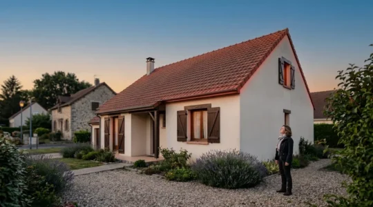 Photographie illustrant l'audit énergétique d'une maison française, mettant en valeur les zones de déperdition de chaleur au crépuscule