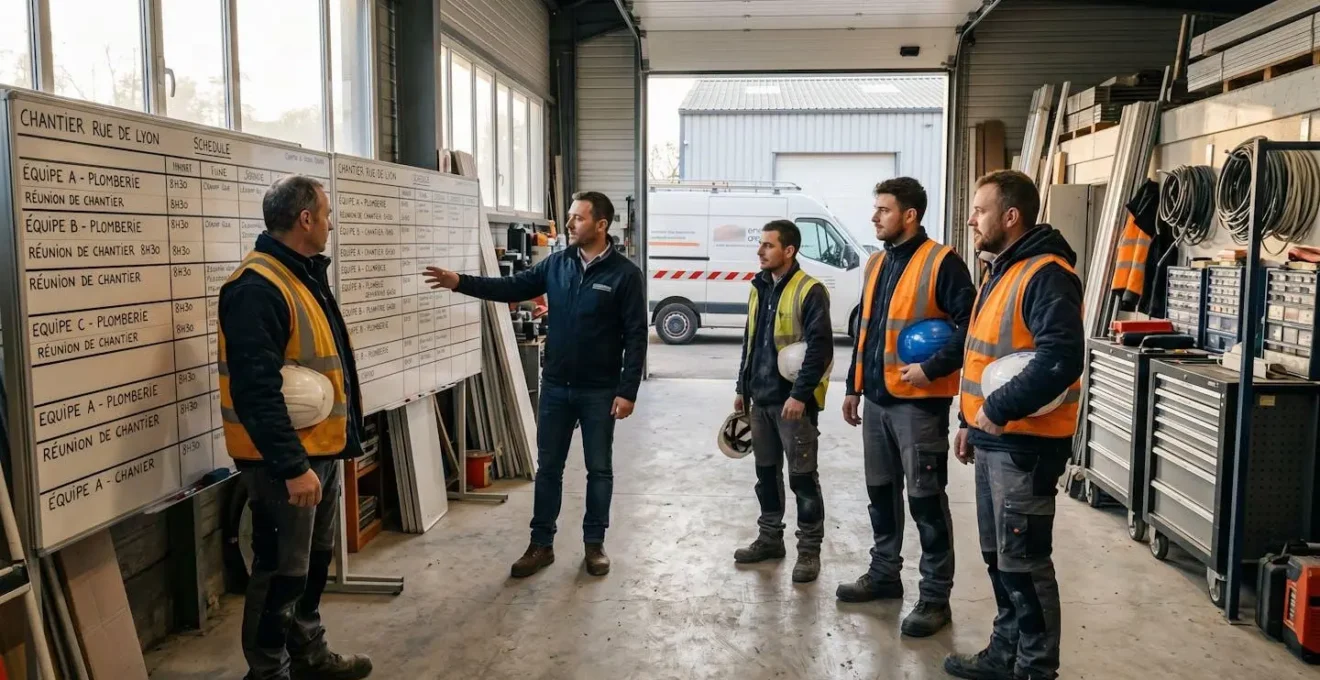 Briefing matinal d'une équipe de techniciens BTP rassemblés autour d'un planning mural dans un atelier d'entreprise avant départ en intervention