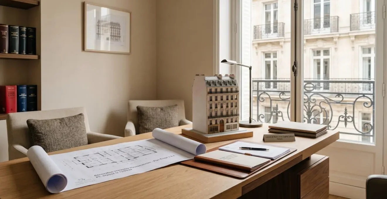 Bureau de notaire avec plans immobiliers et maquette architecturale sur table en bois, lumière naturelle, immeuble haussmannien visible par la fenêtre