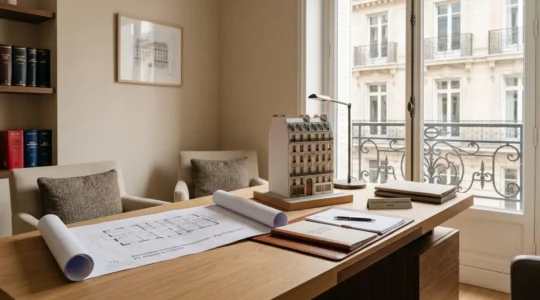 Bureau de notaire avec plans immobiliers et maquette architecturale sur table en bois, lumière naturelle, immeuble haussmannien visible par la fenêtre