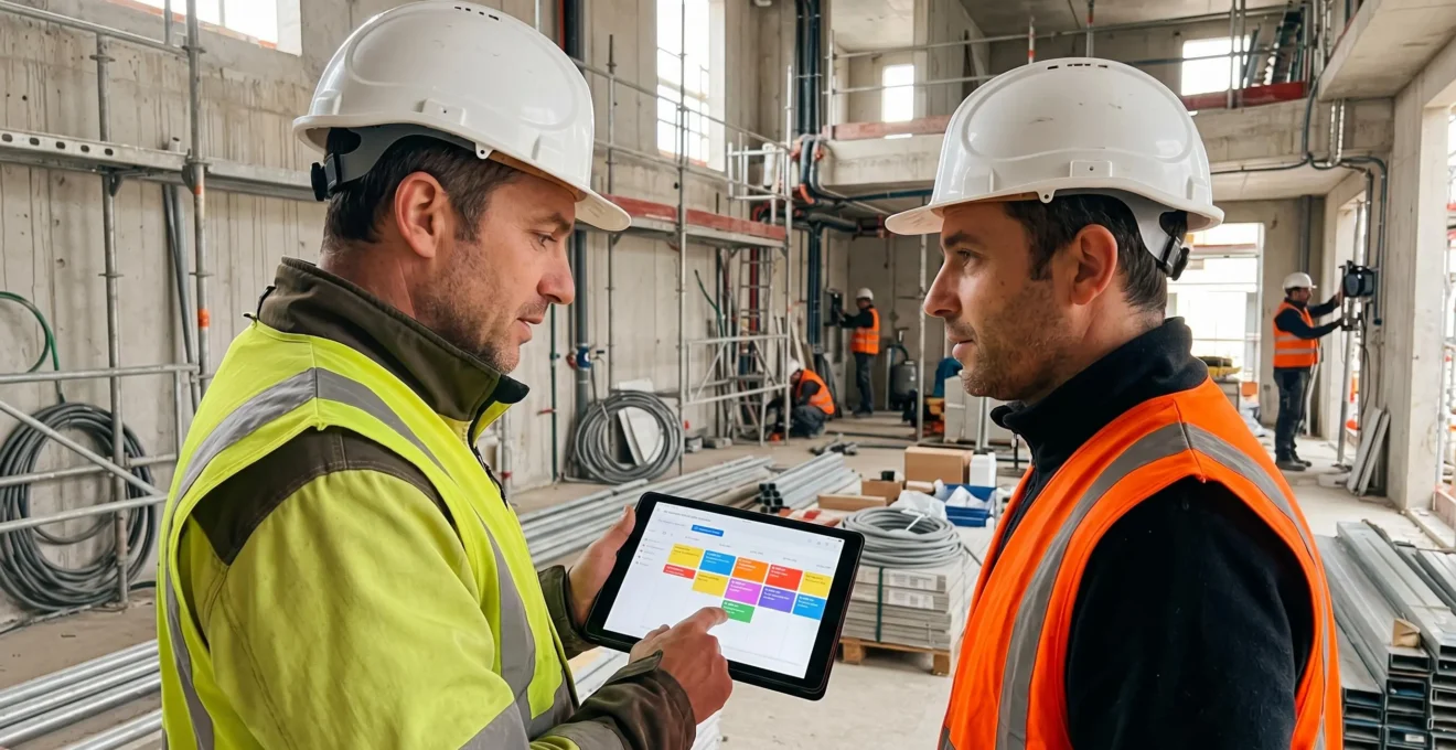 Chef de chantier BTP consultant un planning digital sur tablette tout en coordonnant avec un chef d'équipe sur un chantier actif de second œuvre