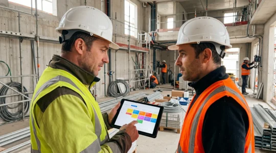 Chef de chantier BTP consultant un planning digital sur tablette tout en coordonnant avec un chef d'équipe sur un chantier actif de second œuvre