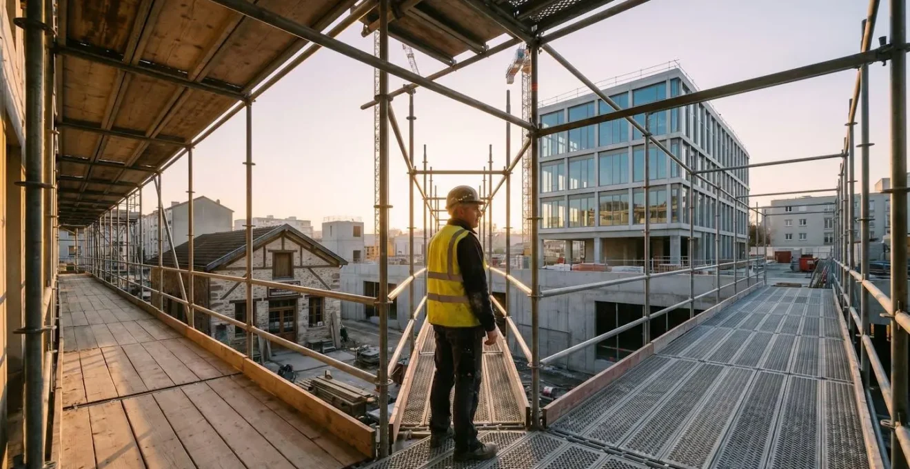 Chef d'entreprise du BTP en France observant un chantier au lever du jour, symbolisant le choix stratégique de la structure juridique de son entreprise