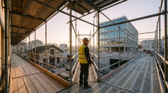 Chef d'entreprise du BTP en France observant un chantier au lever du jour, symbolisant le choix stratégique de la structure juridique de son entreprise