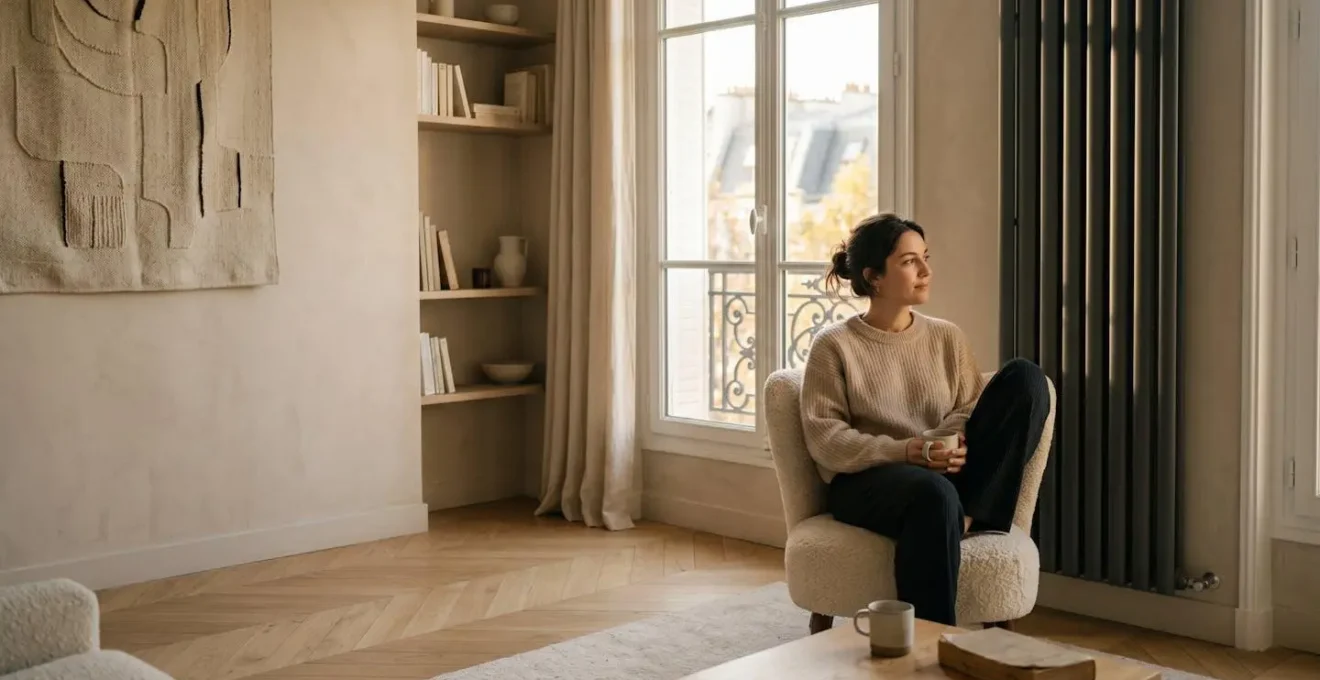 Salon lumineux d'un appartement français avec un radiateur design intégré harmonieusement dans la décoration