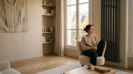 Salon lumineux d'un appartement français avec un radiateur design intégré harmonieusement dans la décoration