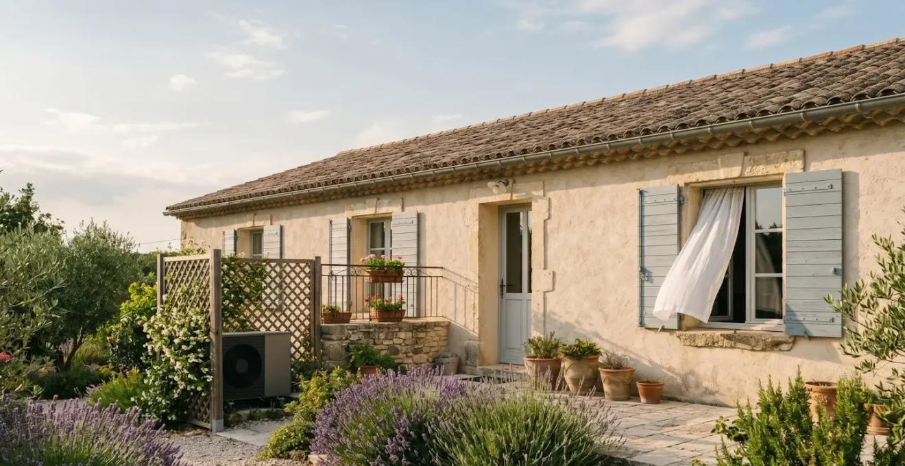 Maison familiale française avec climatisation réversible discrète en fin de journée d'été