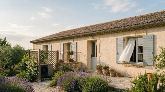 Maison familiale française avec climatisation réversible discrète en fin de journée d'été