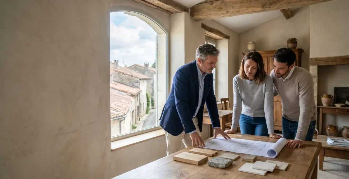 Architecte et clients penchés sur des plans dans une maison française en cours de rénovation, lumière naturelle