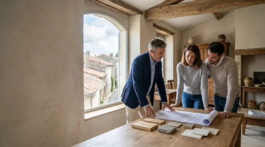 Architecte et clients penchés sur des plans dans une maison française en cours de rénovation, lumière naturelle