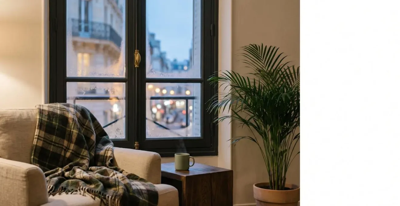Salon cosy en hiver illustrant l'équilibre entre chaleur douce et air humidifié, sans surchauffe