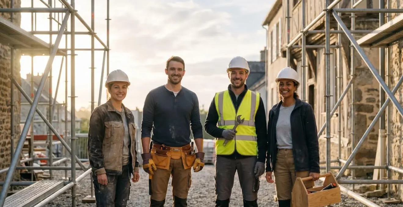 Equipe de professionnels du BTP en France collaborant sur un chantier de renovation