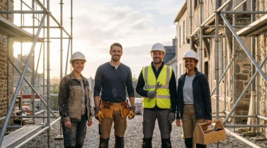 Equipe de professionnels du BTP en France collaborant sur un chantier de renovation