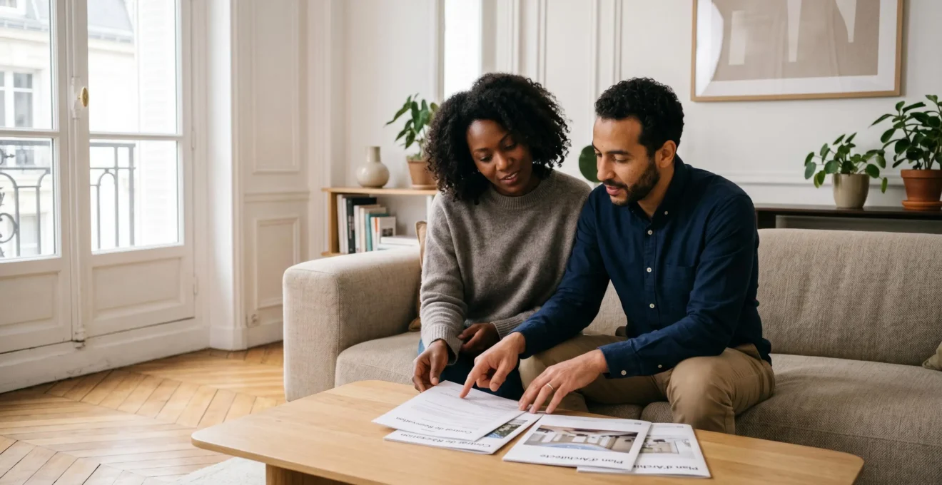 Couple dans la quarantaine assis sur canapé moderne dans salon français contemporain, consultant ensemble des documents immobiliers sur table basse