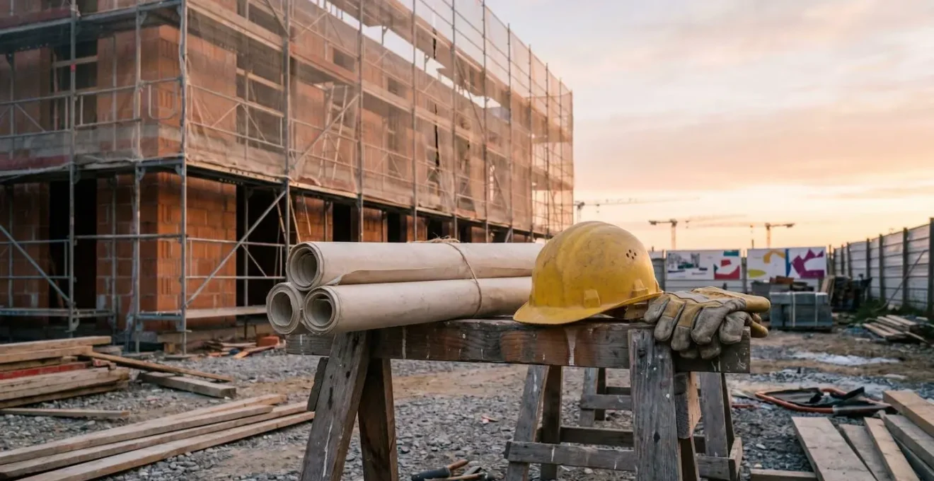 Chantier de construction en France au lever du jour, symbolisant le démarrage officiel d'une entreprise du BTP