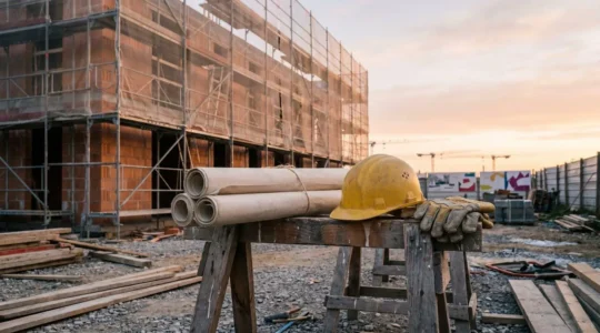 Chantier de construction en France au lever du jour, symbolisant le démarrage officiel d'une entreprise du BTP