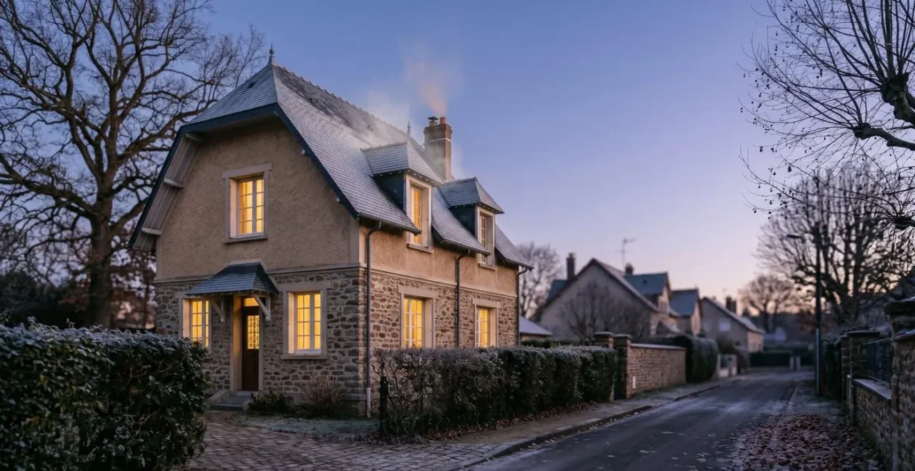 Maison individuelle française en hiver, façade avec contrastes de température visibles, illustrant le diagnostic d'une passoire thermique