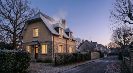 Maison individuelle française en hiver, façade avec contrastes de température visibles, illustrant le diagnostic d'une passoire thermique