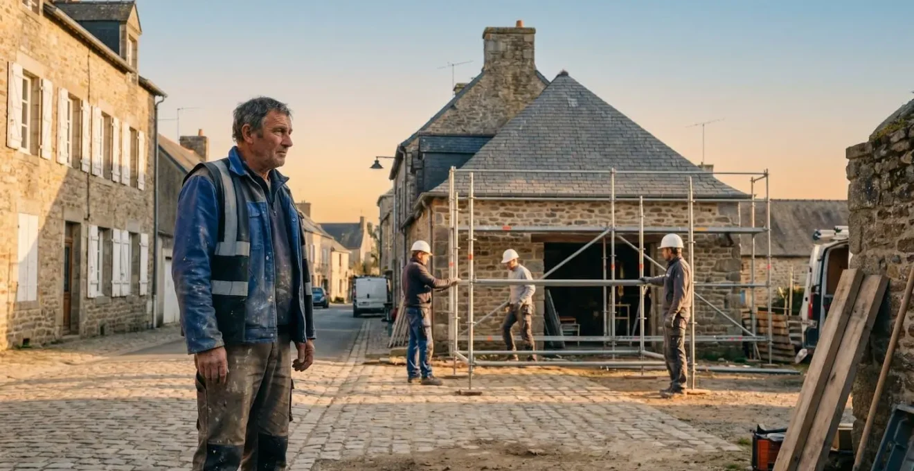 Chef d'entreprise du BTP en France observant son équipe sur un chantier en pleine croissance, symbolisant le passage de 1 à 10 salariés