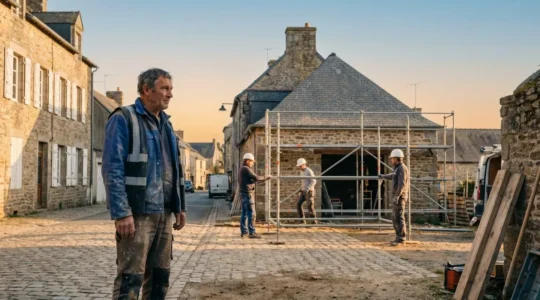 Chef d'entreprise du BTP en France observant son équipe sur un chantier en pleine croissance, symbolisant le passage de 1 à 10 salariés
