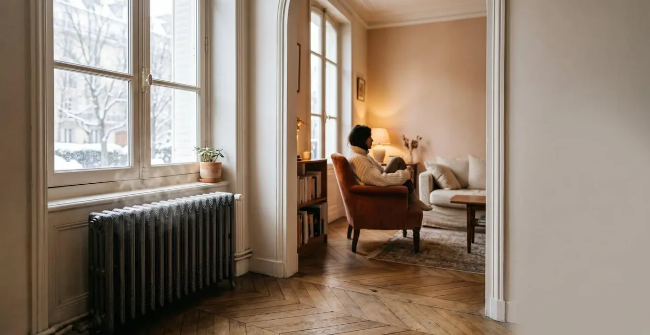 Interieur chaleureux d'une maison francaise avec un radiateur en fonte au premier plan et une lumiere douce d'hiver, illustrant le confort thermique homogene recherche par l'equilibrage du chauffage central