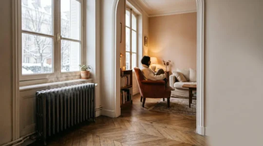 Interieur chaleureux d'une maison francaise avec un radiateur en fonte au premier plan et une lumiere douce d'hiver, illustrant le confort thermique homogene recherche par l'equilibrage du chauffage central