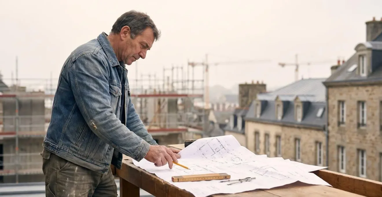 Artisan du bâtiment français analysant les données de son futur marché local avant de lancer son entreprise