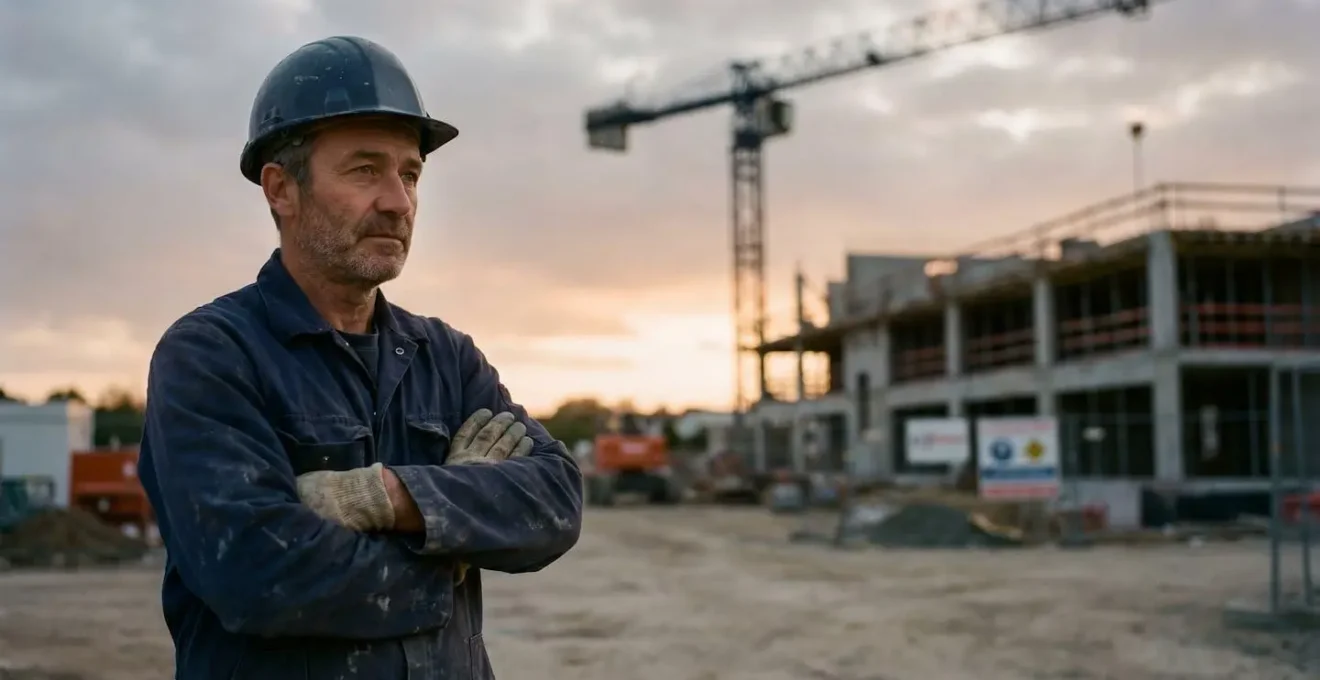 Chef d'entreprise du BTP français observant les plans d'un chantier avec inquiétude, symbolisant la vigilance face aux risques financiers