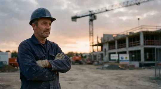Chef d'entreprise du BTP français observant les plans d'un chantier avec inquiétude, symbolisant la vigilance face aux risques financiers